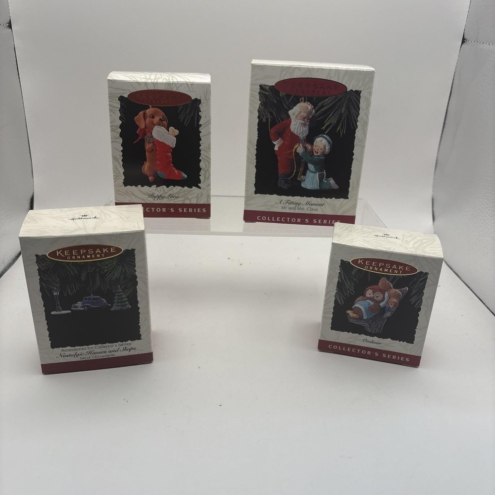 Lot of 4~Hallmark Ornaments~Puppy Love/Nostalgic House & Shops/Owliver/Moment